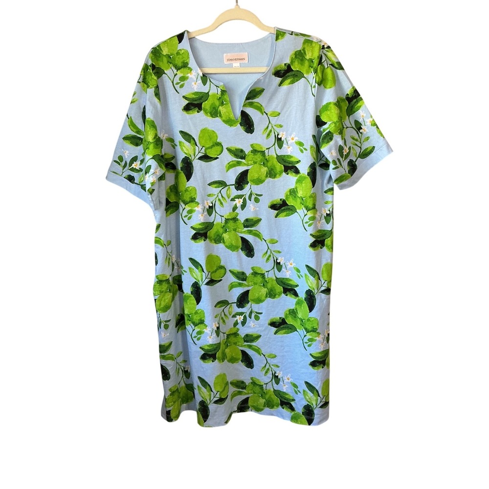 Stan Herman Womens Blue Green Lime Citrus Print Cotton Shift Dress Medium